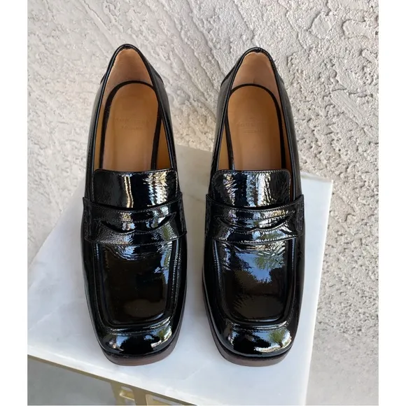 SEZANE Black Glossy Leather Platform Penny Loafers Square Toe Jessie Heels 39