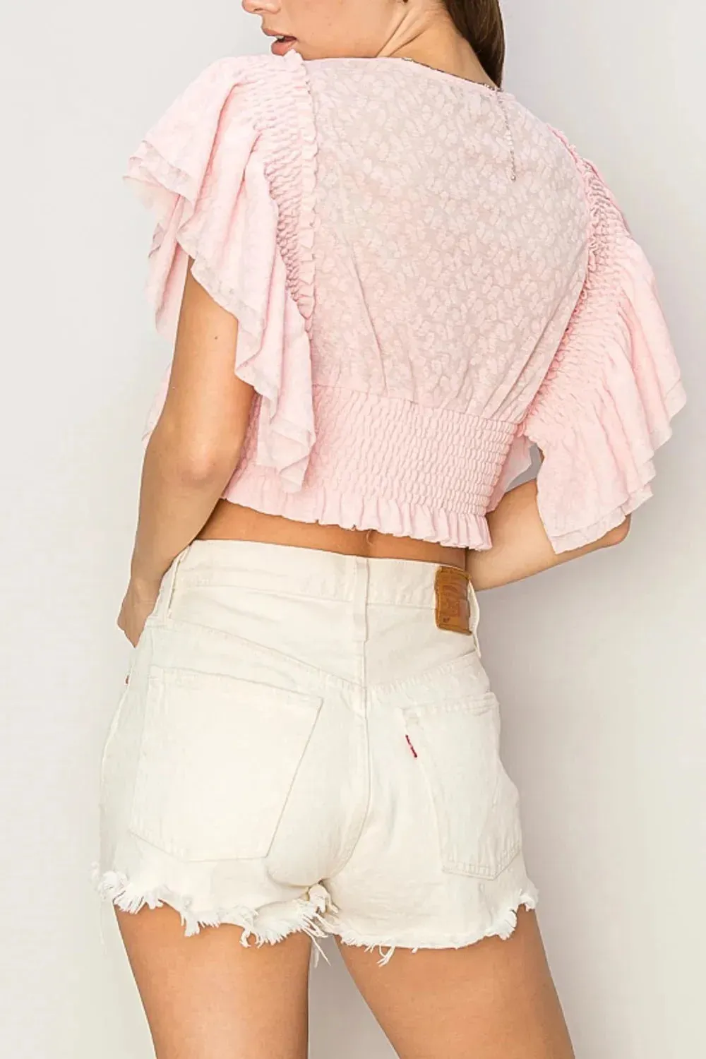 Short Ruffle Sleeve Front Button Smocked Lace Crop Top