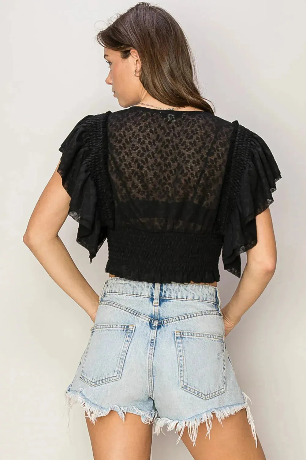 Short Ruffle Sleeve Front Button Smocked Lace Crop Top