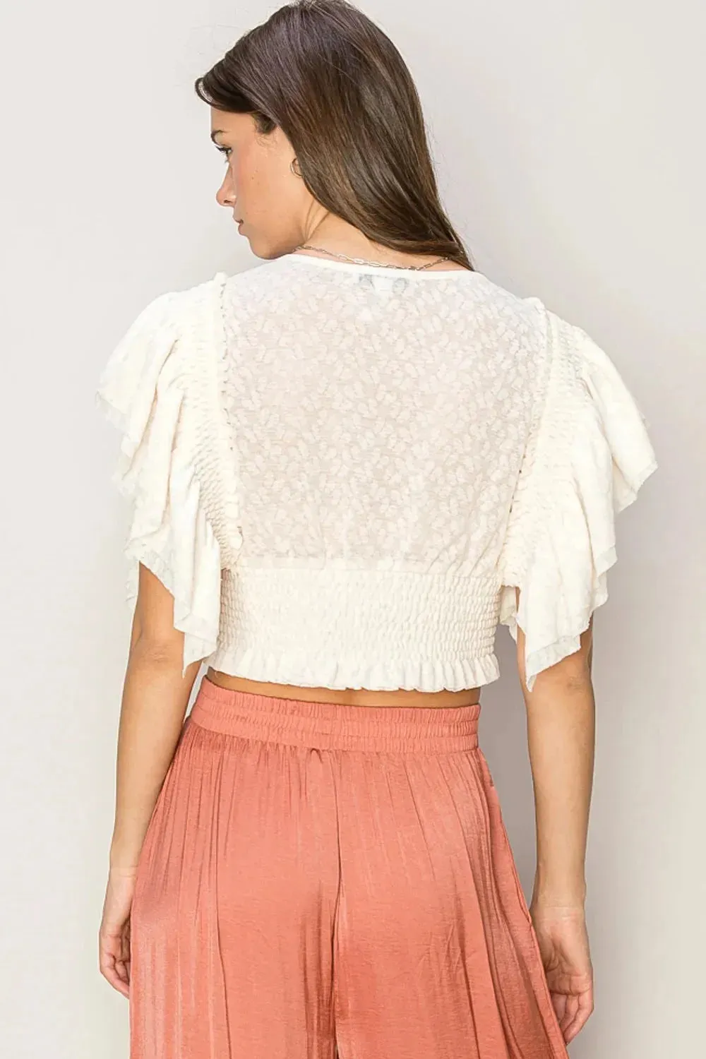 Short Ruffle Sleeve Front Button Smocked Lace Crop Top