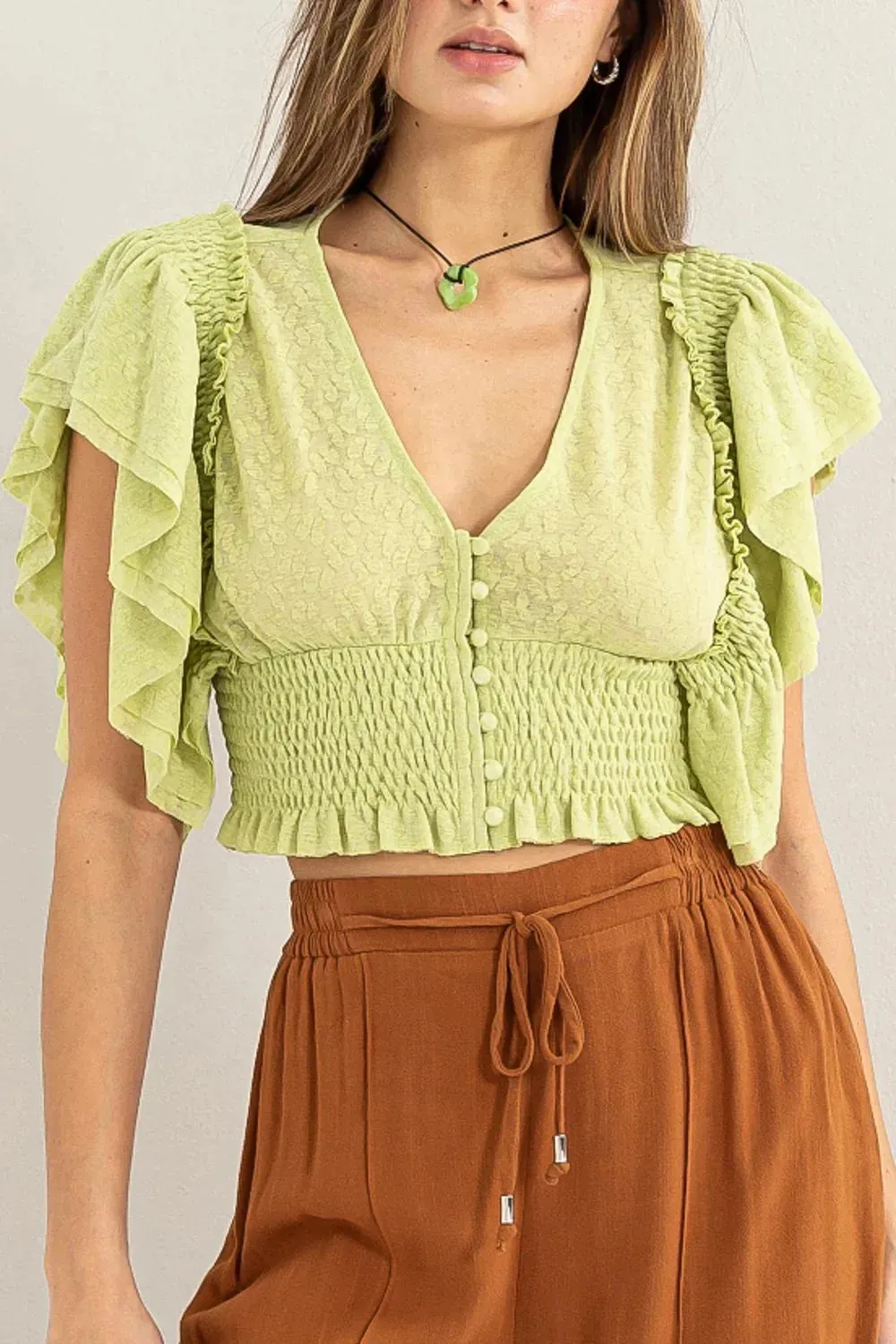 Short Ruffle Sleeve Front Button Smocked Lace Crop Top