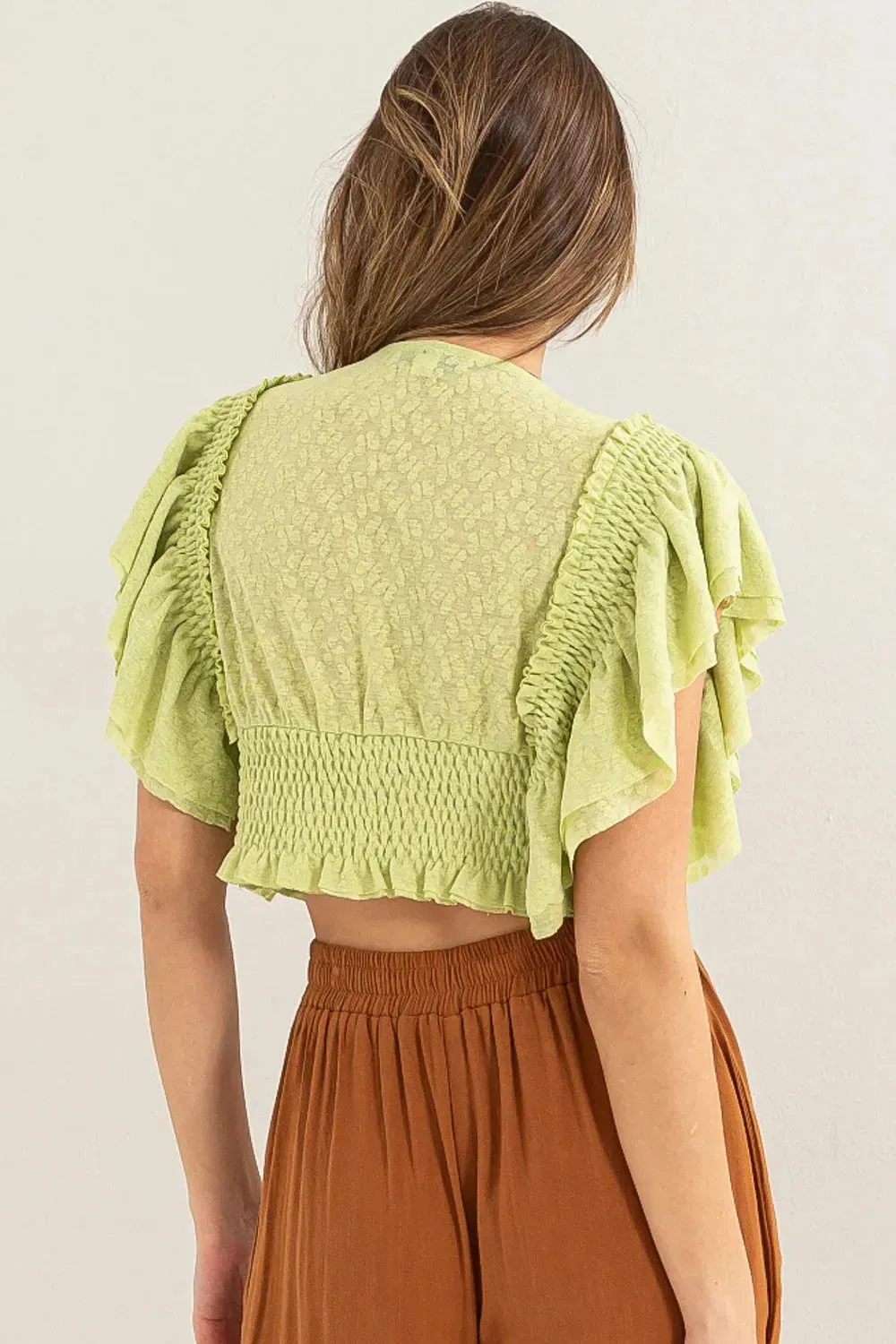 Short Ruffle Sleeve Front Button Smocked Lace Crop Top