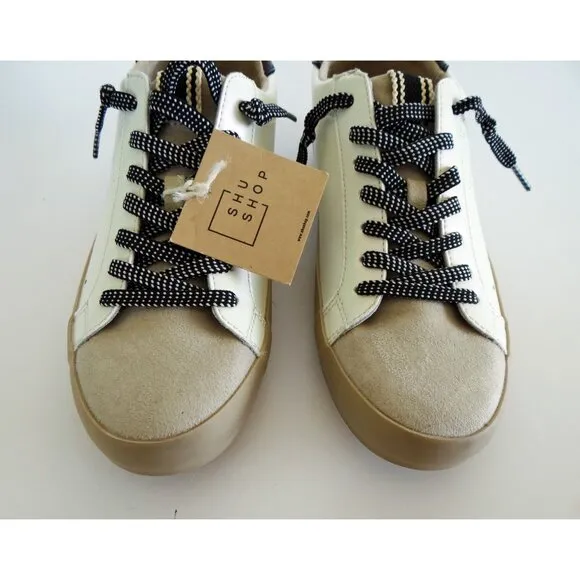 ShuShop Mia Kids Sneaker in Metallic White with Dark laces Size 4 Kids NEW/ NWT