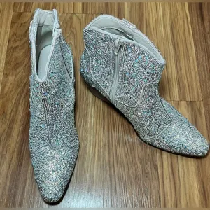 Sincerely Jules Rhinestone Ankle Short Heeled Cowboy Boots 8.5 Iridescent Silver