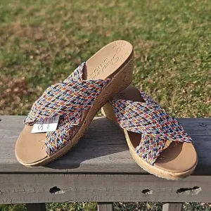 Skechers Beverlee Luxe Foam multicolor cross-band wedge sandals size 10