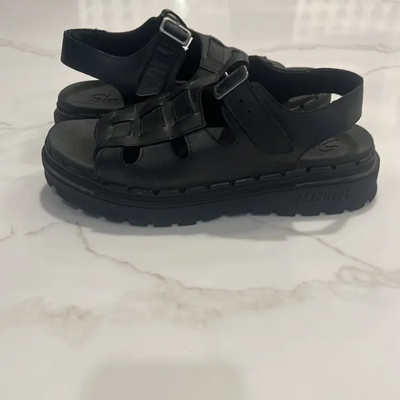 Skechers Jammers Chunky Platform Fisherman Sandals Throwback 90s Leather Black 9