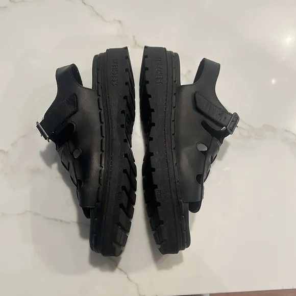 Skechers Jammers Chunky Platform Fisherman Sandals Throwback 90s Leather Black 9