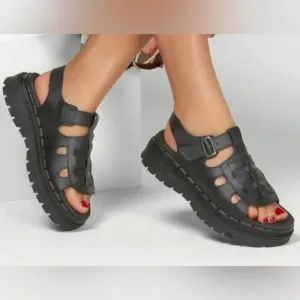 Skechers Jammers Chunky Platform Fisherman Sandals Throwback 90s Leather Black 9