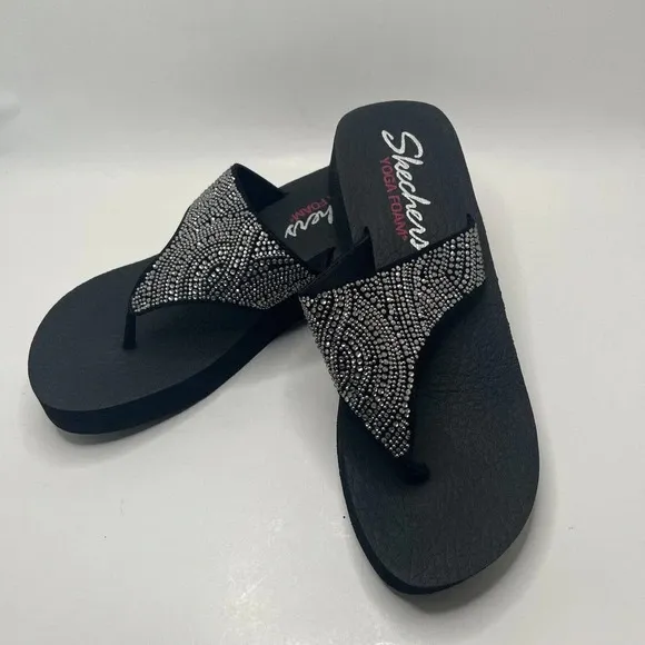 Skechers Premium Yoga Foam Women’s Size 10 Wedge Thong Toe Flip Flops Bling