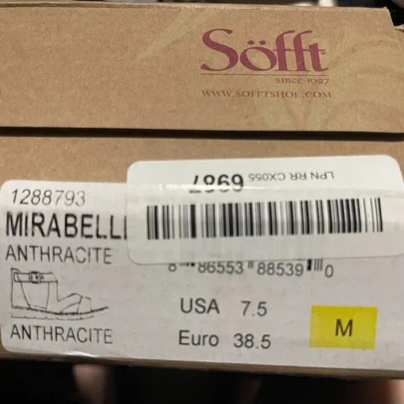 SOFFT  Mirabelle  New Women's Anthracite Metallic Leather Sandals, Size 7.5