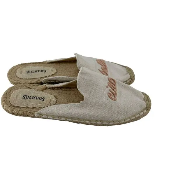 Soludos Ciao Bella Mules Size 8 White Pink Embroidered Espadrilles Slip On Flats