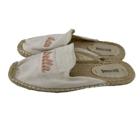 Soludos Ciao Bella Mules Size 8 White Pink Embroidered Espadrilles Slip On Flats