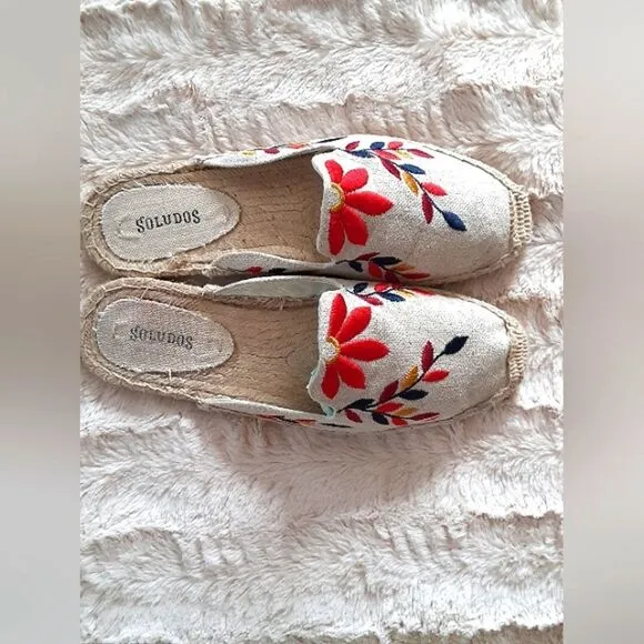 Soludos Floral Tan Multicolor Embroidery Mule Espadrilles Size 7 1/2