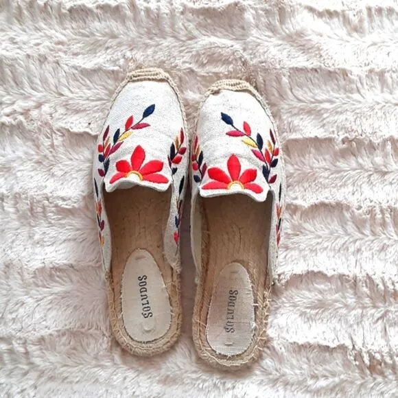 Soludos Floral Tan Multicolor Embroidery Mule Espadrilles Size 7 1/2