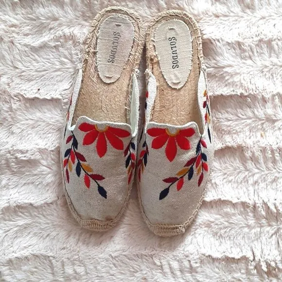 Soludos Floral Tan Multicolor Embroidery Mule Espadrilles Size 7 1/2
