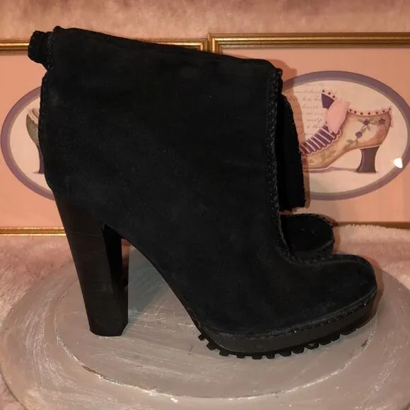 Sondra Roberts 11 Black Suede High Pull on Mid Zip Boots Pumps Stacked Heel