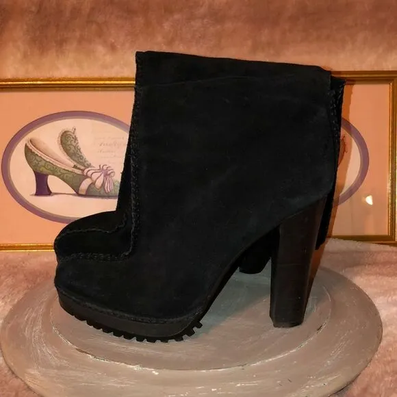 Sondra Roberts 11 Black Suede High Pull on Mid Zip Boots Pumps Stacked Heel
