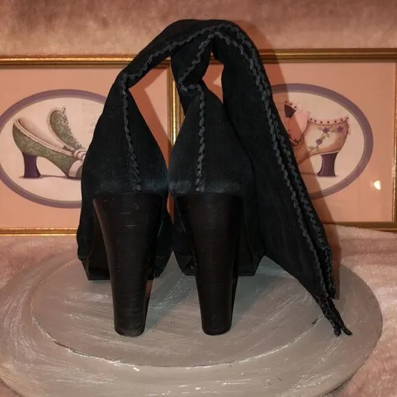 Sondra Roberts 11 Black Suede High Pull on Mid Zip Boots Pumps Stacked Heel