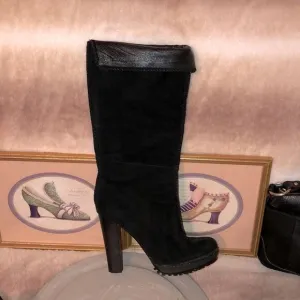 Sondra Roberts 11 Black Suede High Pull on Mid Zip Boots Pumps Stacked Heel