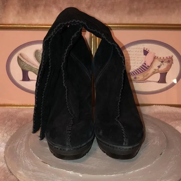Sondra Roberts 11 Black Suede High Pull on Mid Zip Boots Pumps Stacked Heel