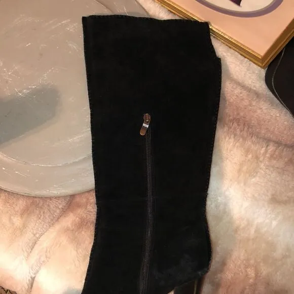 Sondra Roberts 11 Black Suede High Pull on Mid Zip Boots Pumps Stacked Heel