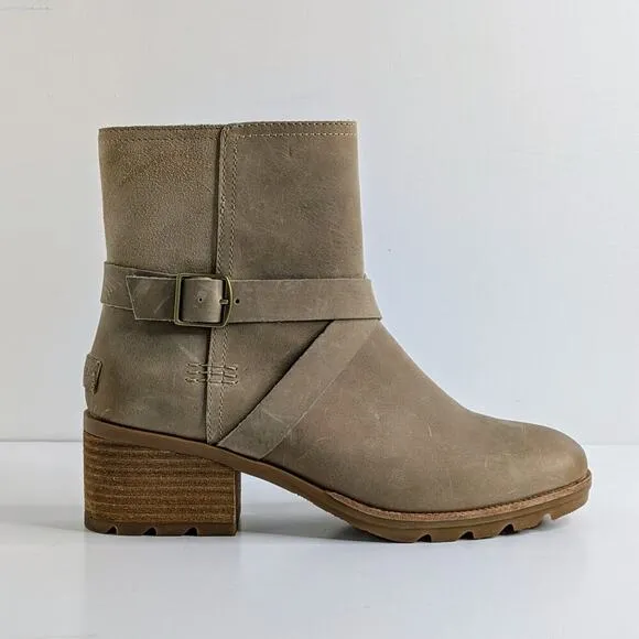 Sorel Boots Cate Buckle Womens 8.5 Tan Leather Ankle Heels Zipper Straps Lug