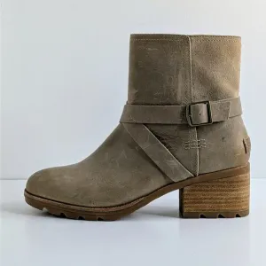 Sorel Boots Cate Buckle Womens 8.5 Tan Leather Ankle Heels Zipper Straps Lug