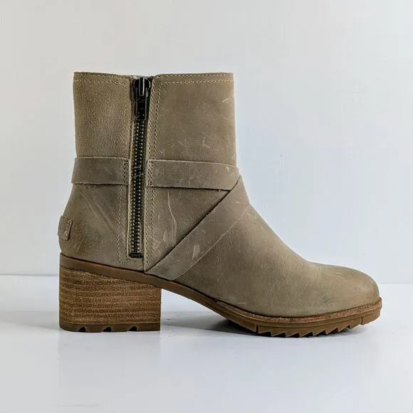 Sorel Boots Cate Buckle Womens 8.5 Tan Leather Ankle Heels Zipper Straps Lug