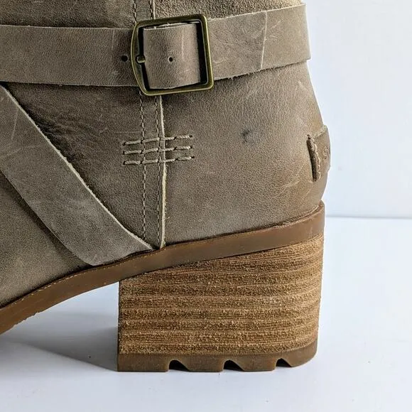 Sorel Boots Cate Buckle Womens 8.5 Tan Leather Ankle Heels Zipper Straps Lug