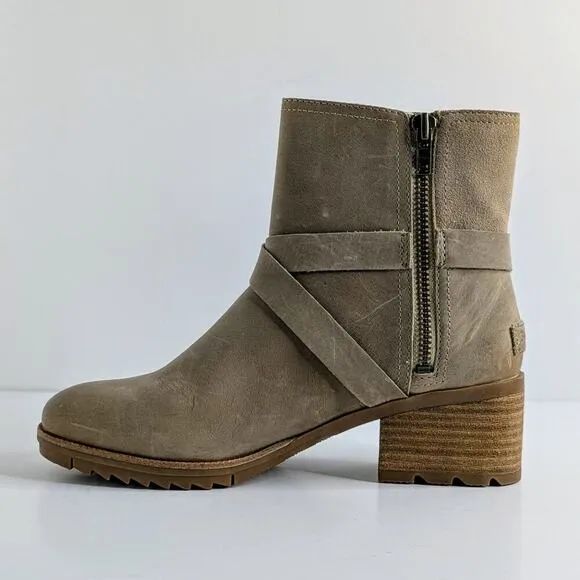 Sorel Boots Cate Buckle Womens 8.5 Tan Leather Ankle Heels Zipper Straps Lug