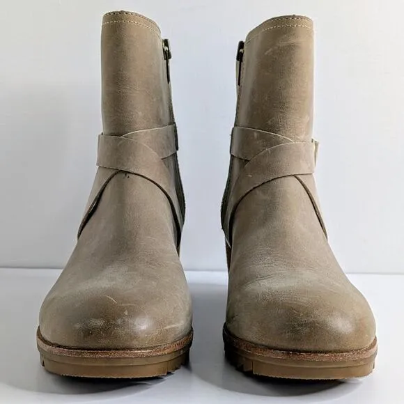 Sorel Boots Cate Buckle Womens 8.5 Tan Leather Ankle Heels Zipper Straps Lug