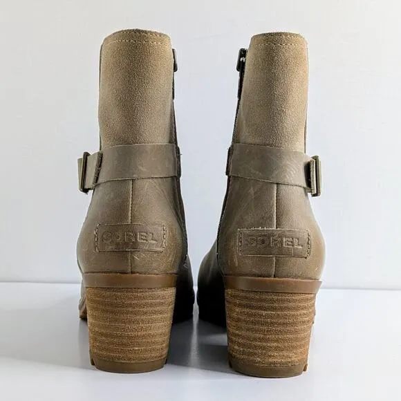 Sorel Boots Cate Buckle Womens 8.5 Tan Leather Ankle Heels Zipper Straps Lug