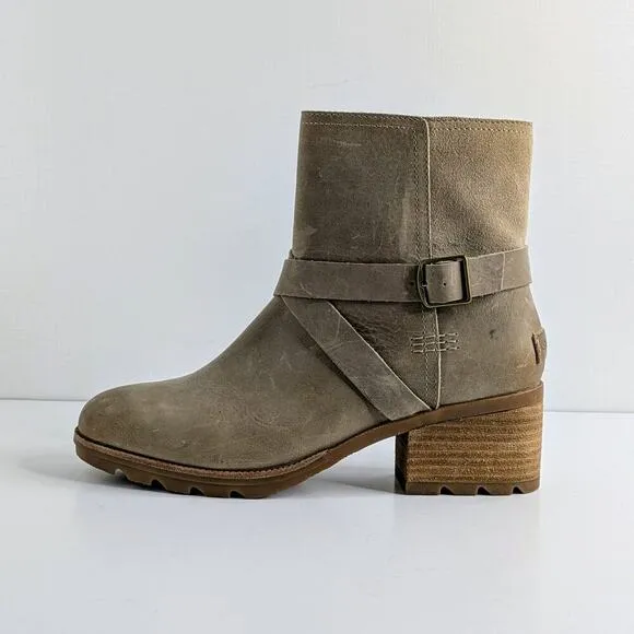 Sorel Boots Cate Buckle Womens 8.5 Tan Leather Ankle Heels Zipper Straps Lug