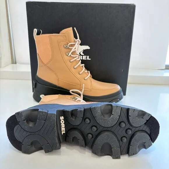Sorel Brex Boots Leather Lace Up Booties Waterproof Tawny Buff Black Size 9.5