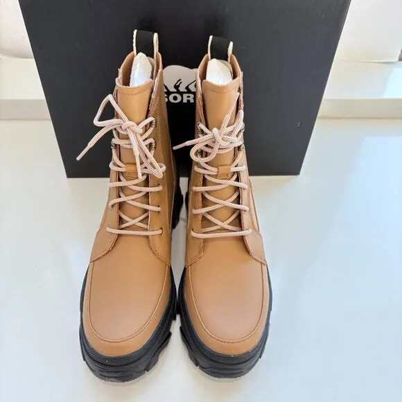 Sorel Brex Boots Leather Lace Up Booties Waterproof Tawny Buff Black Size 9.5