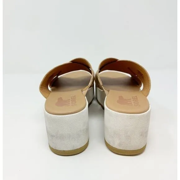 Sorel Cameron Tan Leather Platform Wedge Slide Sandals US 9.5