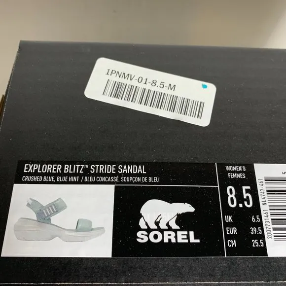 Sorel Explorer Blitz Stride Sandals Leather Wedge Crushed Blue Size 8.5 NEW