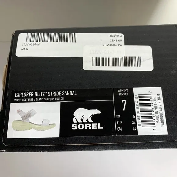 Sorel Explorer Blitz Stride Sandals Leather Wedge White Bolt Hint Size 7 NEW