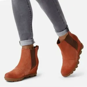SOREL Joan Of Arctic Wedge II Chelsea Teak Brown Suede Leather Booties