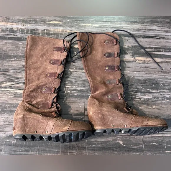 Sorel Joan Of Arctic Wedge Tall 17” Boot Women 9.5 Brown Suede Knee High Lace Up