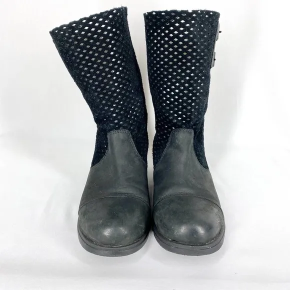 Sorel Major Pull On Boots Black Suede Leather Lasercut Perforated Mid Calf 6.5