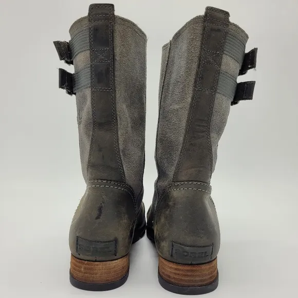 Sorel Major Pull On Boots Suede Leather Buckles Gray Brown Mid Calf Size 9