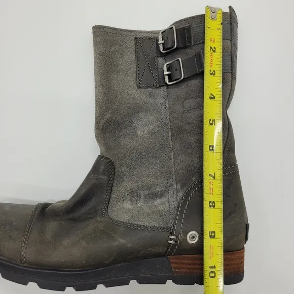 Sorel Major Pull On Boots Suede Leather Buckles Gray Brown Mid Calf Size 9