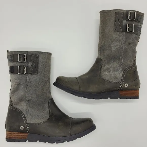 Sorel Major Pull On Boots Suede Leather Buckles Gray Brown Mid Calf Size 9