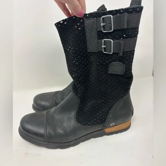 Sorel Major Women’s 9.5 Perforated Black Leather Mid Calf Ankle Slouch Boots