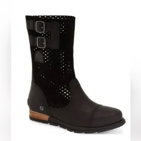 Sorel Major Women’s 9.5 Perforated Black Leather Mid Calf Ankle Slouch Boots