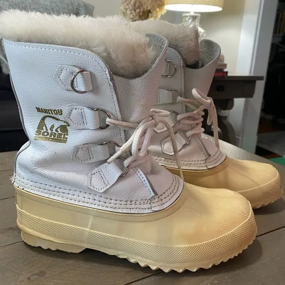 SOREL Manitou White Waterproof Leather Snow Wool Lined Winter Boots size 7