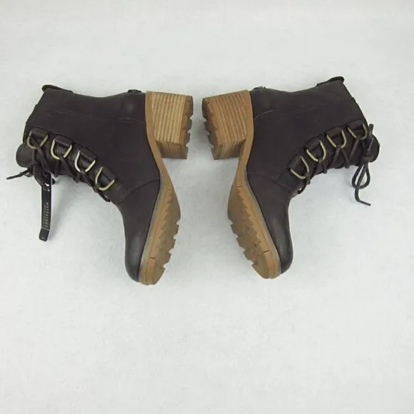 Sorel Womens 7.5 Brown Leather Lace Up Heeled Ankle Boots Waterproof NEW