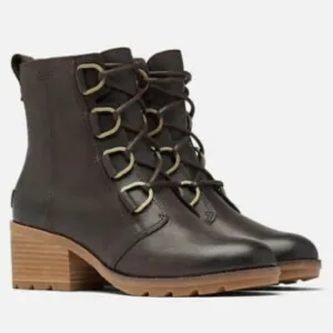 Sorel Womens 7.5 Brown Leather Lace Up Heeled Ankle Boots Waterproof NEW