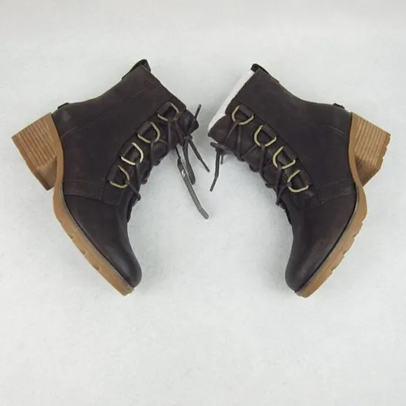 Sorel Womens 7.5 Brown Leather Lace Up Heeled Ankle Boots Waterproof NEW